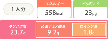 １人分　エネルギー558kcal ビタミンK23μg　タンパク質23.7g　必須アミノ酸量9.2g　ロイシン量1.8g