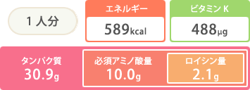 １人分　エネルギー589kcal ビタミンK488μg　タンパク質30.9g　必須アミノ酸量10.0g　ロイシン量2.1g