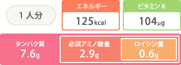 １人分　エネルギー125kcal　ビタミンK104μg　タンパク質7.6g　必須アミノ酸量2.9g　ロイシン量0.6g